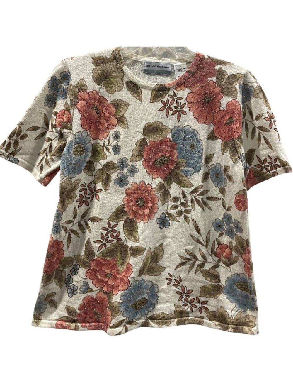 Alfred Dunner Floral Embellished Knit Top PL Cream Romantic Cottage Garden Party